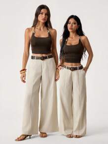 SHEIN Tall Women's Plain Solid Color Casual Pants - Khaki - View 2