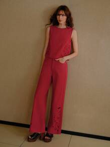 MOTF PREMIUM EMBROIDERY HOLLOW-OUT JEANS - Red - View 4