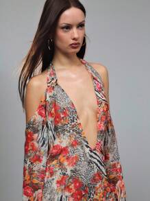 TypaGal Women's Beige Floral Animal Print Halter Mini Dress,Deep Plunge Neck Open Shoulder Boho Vacation Autumn Clothes,Summer Daring Beach Getaway Dress - Multicolor - View 2