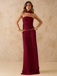 SHEIN BAE 2 件套女士纯色粉色褶皱抹胸上衣和低腰褶皱荷叶边长裙，沙滩装，夏季服装，波西米亚风格露背连衣裙，音乐会礼服，伴娘礼服 - 酒紅色 - 查看 5