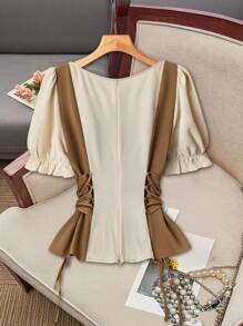 Feyla Áo cánh tay bồng buộc eo họa tiết hoa jacquard cỡ lớn cho nữ - Nhiều màu - Xem 2