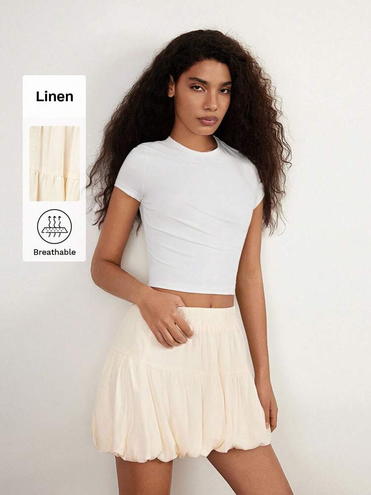SHEIN Maija Women's Apricot Color Elastic Waist Ruched Hem Casual Chic Simple Comfortable Bohemian Style Beach Resort Skirt For Summer