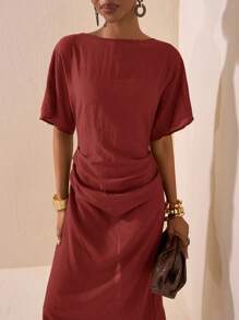 Zivah 2025 春夏新时尚节、复活节、圣帕特里克节、西部风、游牧风、生日派对、毕业季、学院风、学生装、日常外出、基础百搭、休闲、度假、邮轮旅行、海滩、日光浴、网络热卖、街头服饰、婚礼宾客波西米亚早餐装、机场装、圆领腰部褶皱长裙、亚麻纹理面料、后拉链 - 酒紅色 - 查看 6