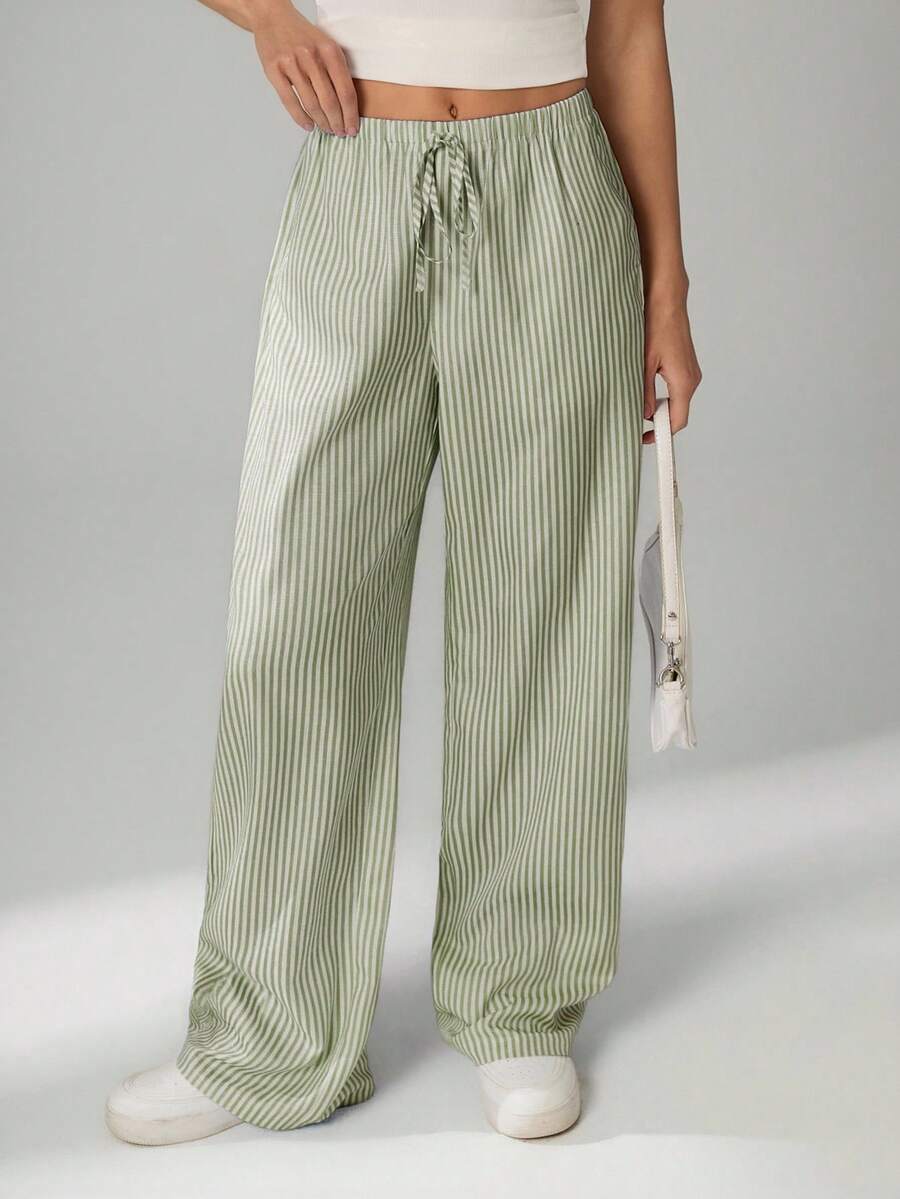 SHEIN Tall Pantalones casuales sueltos de pierna ancha con lazo a la cintura y estampado de rayas para mujer