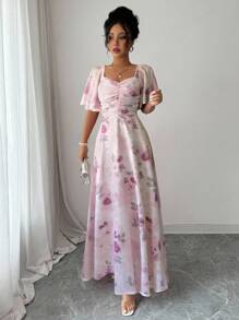 Modelyn Women Chiffon Printed Bat Sleeve Ruched Sweet French Style Summer Dress - Pink - View 6