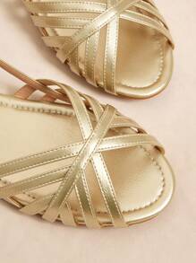 Rosivie 女士户外方头平底金色 PU 材质时尚简约舒适日常凉鞋，带扣带