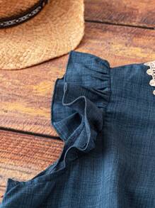 SHEIN LUNE CURVE 大码女式花卉印花V领盖袖牛仔效果连衣裙 - 藍色 - 查看 4