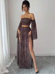 Rafferiza 2件套女士优雅露肩豹纹网眼上衣和裤子套装