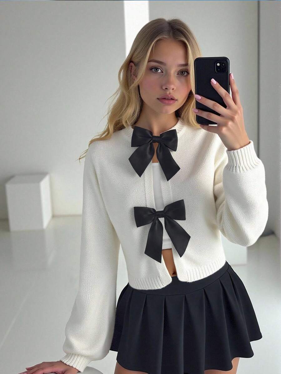 SHEIN Sparklyn 女童时尚手工蝴蝶结针织开衫，长袖 - 白色 - 查看 1