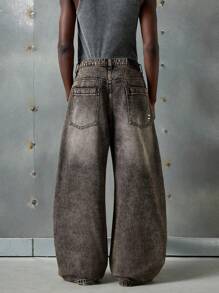 NEON BLANC 男士宽松口袋阔腿休闲百搭牛仔裤 - 棕色 - 查看 3