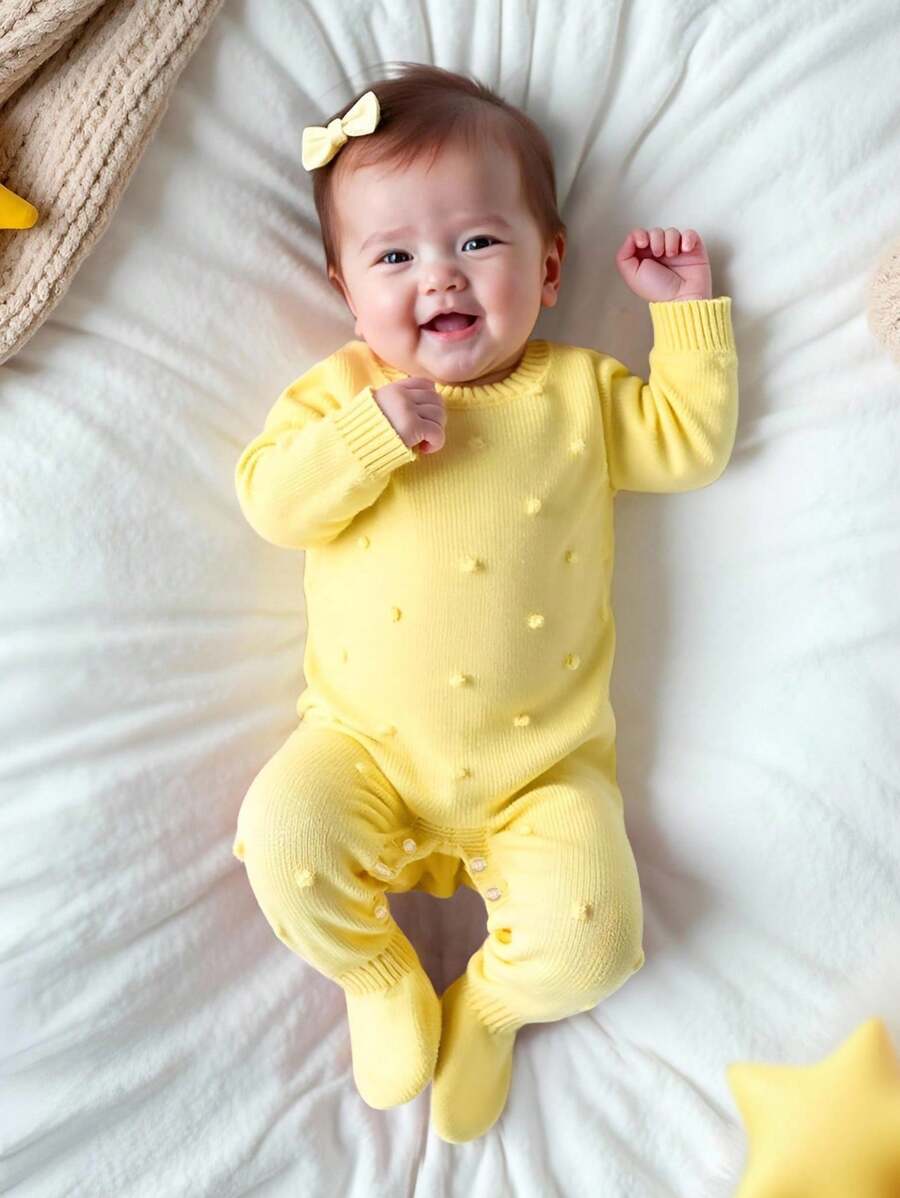 SHEIN 时尚可爱的新生儿毛衣连体衣,带连脚裤,适合婴儿 - 杏色 - 查看 1