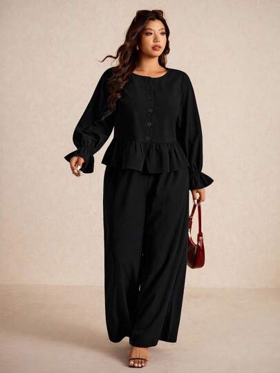 Elaquor Plus Size Women 2 Pieces Set Solid Color Single-Breasted Long Sleeve Ruffle Hem Shirt & Pants, Casual,Fall Clothes For Women