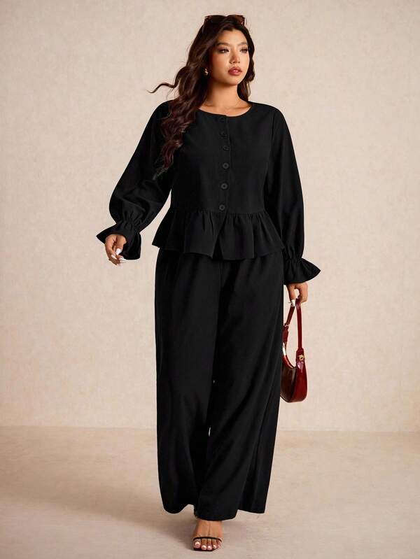Elaquor Plus Size Women 2 Pieces Set Solid Color Single-Breasted Long Sleeve Ruffle Hem Shirt & Pants, Casual,Fall Clothes For Women