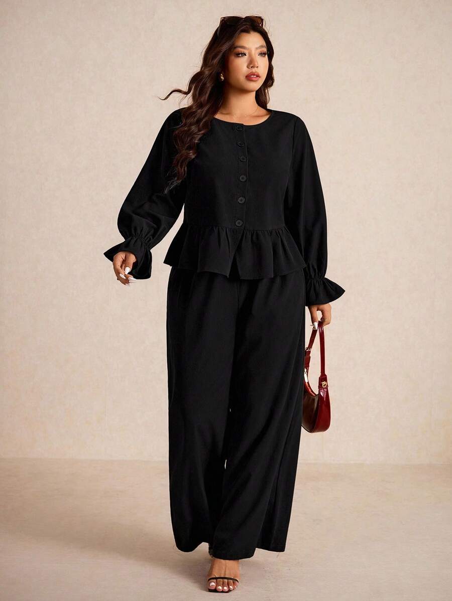 Elaquor 大码女式两件套纯色单排扣长袖荷叶边下摆衬衫和裤子，休闲装 - 黑色 - 查看 1