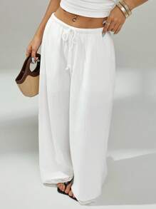 SHEIN PETITE 白色亚麻抽绳低腰撞色蕾丝边阔腿长裤 - 白色 - 查看 4