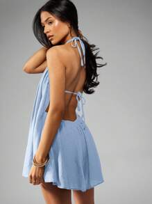 MISSGUIDED 露背亚麻夏季连体裤飘逸褶皱短款连体衣海滩度假装晚会无袖迷你长款 - 淺藍色 - 查看 1