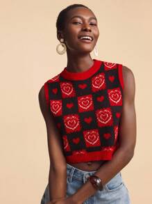 Travachic Women Round Neck Heart & Geometric Pattern Casual Knitted Tank Top,Fall Women ,Autumn ,Easter,Holiday,Beach For Woman,Vacation Women,Concert Women,BOHO,Bohemia,Music Festival,Tropical Vacation Woman, Romantic,Autumn ,Winter ,Christmas,Going Out Tops Women ,Going Out Tops,Casual,Cute - Multicolor - View 6