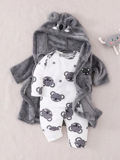 3PCS Newborn Koala Printed Hooded Fleece Robe Set, Casual Sleepwear Koala Baby Clothes Newborn Baby Boy Clothes Baby Boy Pajamas Baby Animal Clothes Baby Boys Sets Fall Winter