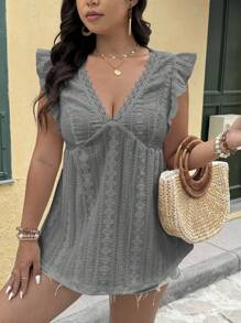 Breezaya 大码度假休闲纯色纹理盖袖T恤 - 灰色 - 查看 4