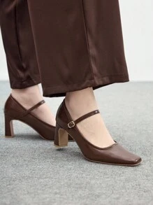 CUCCOO BIZCHIC Women's Casual Simple Solid Color Chunky Heel With Buckle Flat Shoes For Christmas Spring Shoes - Brown - View 4