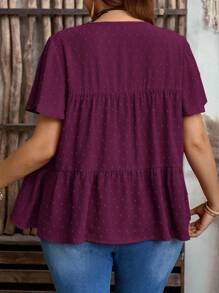 EMERY ROSE 加大码女式纯色圆领荷叶边短袖宽松衬衫，波西米亚风夏季，西部女装，度假