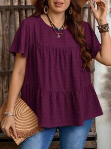 EMERY ROSE 加大码女式纯色圆领荷叶边短袖宽松衬衫，波西米亚风夏季，西部女装，度假