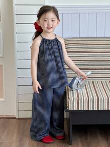 Dazy Kids 韩版少女吊带条纹休闲无袖背心和宽松阔腿牛仔裤两件套