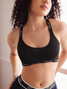 1pc Women's Wide Strap Letter Print Simple Casual Bra - Black - View 4