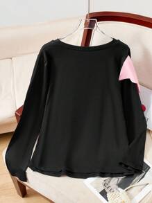 Plus Size Minimalist Fashion Black & Pink Bowknot Decor Long Sleeve Top Bow Top Women Pink Bow Top Black And Pink Top Women Long Sleeve Top Long Sleeve Bow Top Fall Cloth For Women