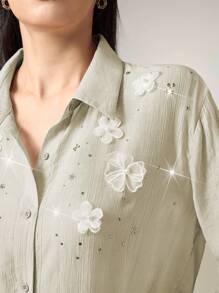 Heiryn Camisa elegante con decoración floral 3D y adorno de rhinestones para mujer - Gris - Ver 1