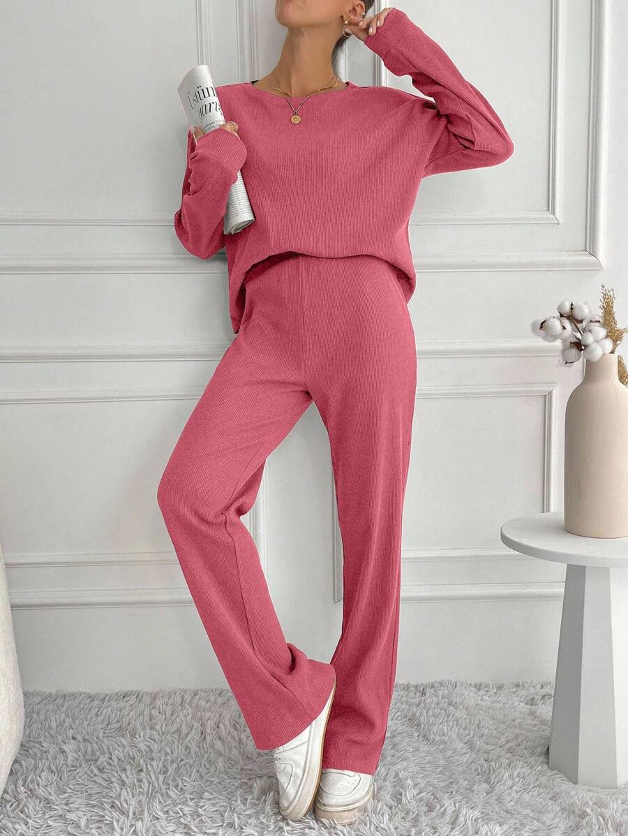 SHEIN Tall 2件組女款純色圓領長袖上衣與長褲休閒套裝,適合高個女性 - 粉色 - 查看 1