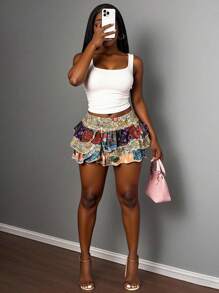Slaydiva 2025夏季新款休闲度假风U型白色短款修身背心+短款蛋糕荷叶边印花裙女两件套西装，音乐节，复活节，波西米亚风，西部游牧风，辣妹风，海滩度假，海边，婚礼宾客服装，毕业派对，日常出游，派对聚会-B - 彩色 - 查看 11