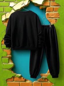 TEENAGE MUTANT NINJA TURTLES | SHEIN Tween Boy Cartoon Turtle Print Cool Black Long Sleeve Crew Neck Sweatshirt & Pants Casual Sports Outfit - Black - View 2