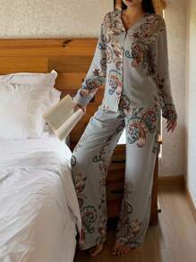 DAZY 满版花卉印花女式睡衣套装、家居服、秋装 - 藍色 - 查看 3