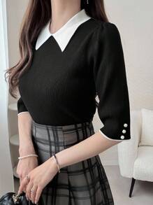 FRIFUL Women's Contrast Color Ribbed Faux Pearl Button Embellished Knit Top Black Knit Top Pearl Button Top Half Sleeve Top Collared Knit Top Women Preppy Top