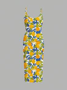 SHEIN EZwear 休闲简约全印花柠檬紧身吊带裙，适合夏季 - 彩色 - 查看 5