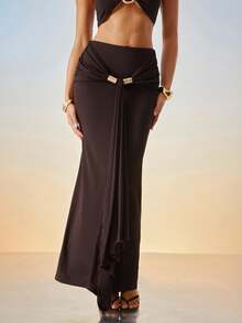 Hauture Women's Sexy Ruched Front Drape Detail Maxi Skirt With Stylish Metal Decor For Vacation, Party - Brown - View 1