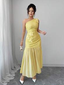 Modelyn 女士 3D 花黄色雪纺拼布不对称肩部连衣裙 - 黃色 - 查看 7