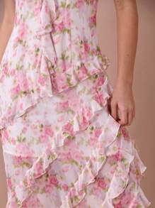 Enchnt Fall/Summer Romantic Women's White&Pastel Pink Rose Print Spaghetti Straps Ruffle Hem Mermaid Maxi Dress - Multicolor - View 2