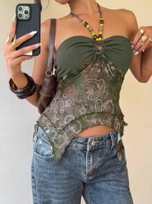 SHEIN EZwear Women's Paisley Print Patchwork Country Concert Retro Print Mesh Backless  Boho Beaded Halter Top, Summer,Western Outfits For Women,Y2k Clothes Women - Multicolor - View 4