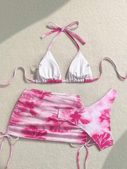 Soleia Women's Large Floral Print Vacation Beach Halter Tie Side Sexy Bikini Set With Matching Cover Up Skirt And Skirt Three Piece Swimsuit Set Beach Sets For Women Beach Skirt Set Tie Dye Bikini