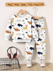 SHEIN White,Autumn,Cute,Vacation Baby Boy Casual Loose Soft Knit Sweatsuit,Cartoon Tyrannosaurus Rex Dinosaur Family Outing Crew Neck Party Winter Suit - Multicolor - View 4