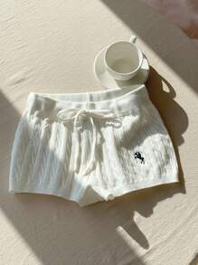 Comfortcana Pantalones cortos de punto con detalles bordados, cómodos pantalones cortos para el verano, otoño e invierno - Blanco - Ver 4