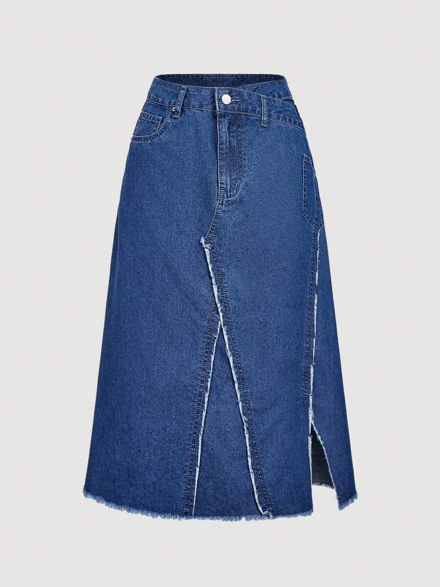 SHEIN MOD 女式休闲破洞不对称下摆牛仔半身裙 - 藍色 - 查看 1