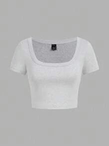 SHEIN EZwear 4 件套休闲简约黑色、深酒红色、灰色、白色圆领/方领短袖短款紧身 T 恤女款，适合夏季 - 彩色 - 查看 5