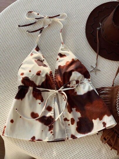 Comfortcana Parte superior corta con estampado de teñido anudado, escote halter y espalda descubierta con lazo en la cintura para mujeres, estilo vaquero, para volver al colegio, ropa de estilo occidental