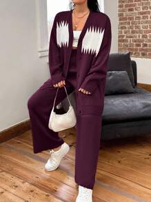 SHEIN Cottnline طقم كنزة صوفية وبنطلون كبير الحجم مطبوع برسومات - عنابي اللون - مشاهدة 5