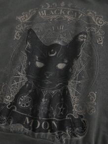 ROMWE Hippie Sun, Moon & Star Print Round Neck Casual Short Sleeve T-Shirt, Summer - Grey - View 3