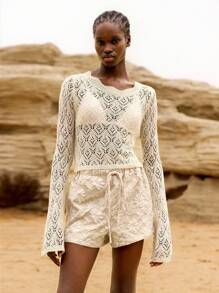 Lumivelle Hollow Net Knit Pullover Sweater, Round Neck Long Sleeve Knit Pullover Fall Winter - Apricot - View 4