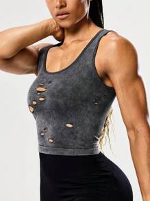 SHEIN Sports Charcoal Gray Women's Seamless Yoga Tank Top,Distressed Hollow-Out Design Matte Finish Crop Workout Top,Summer Athleisure Gym Wear For Running - Multicolor - View 4
